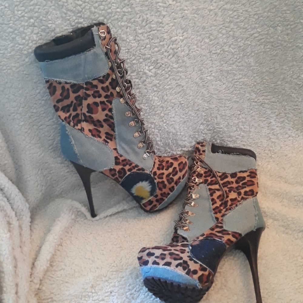 6-8 inch Jean&Leopard print stiletto boot